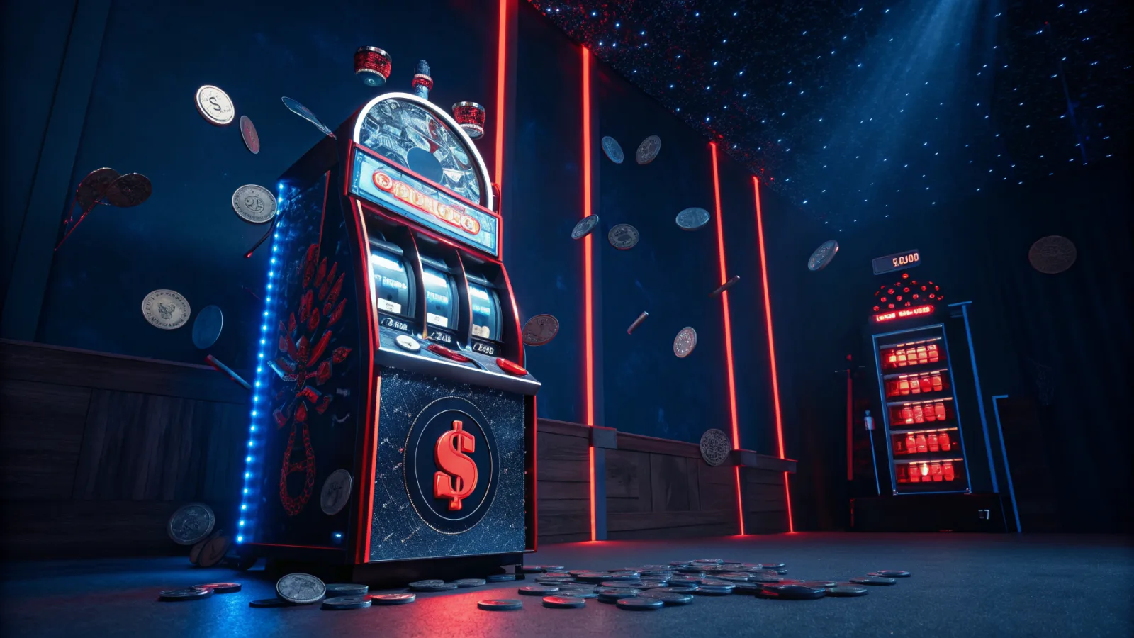 A glowing neon slot machine with coins falling around it