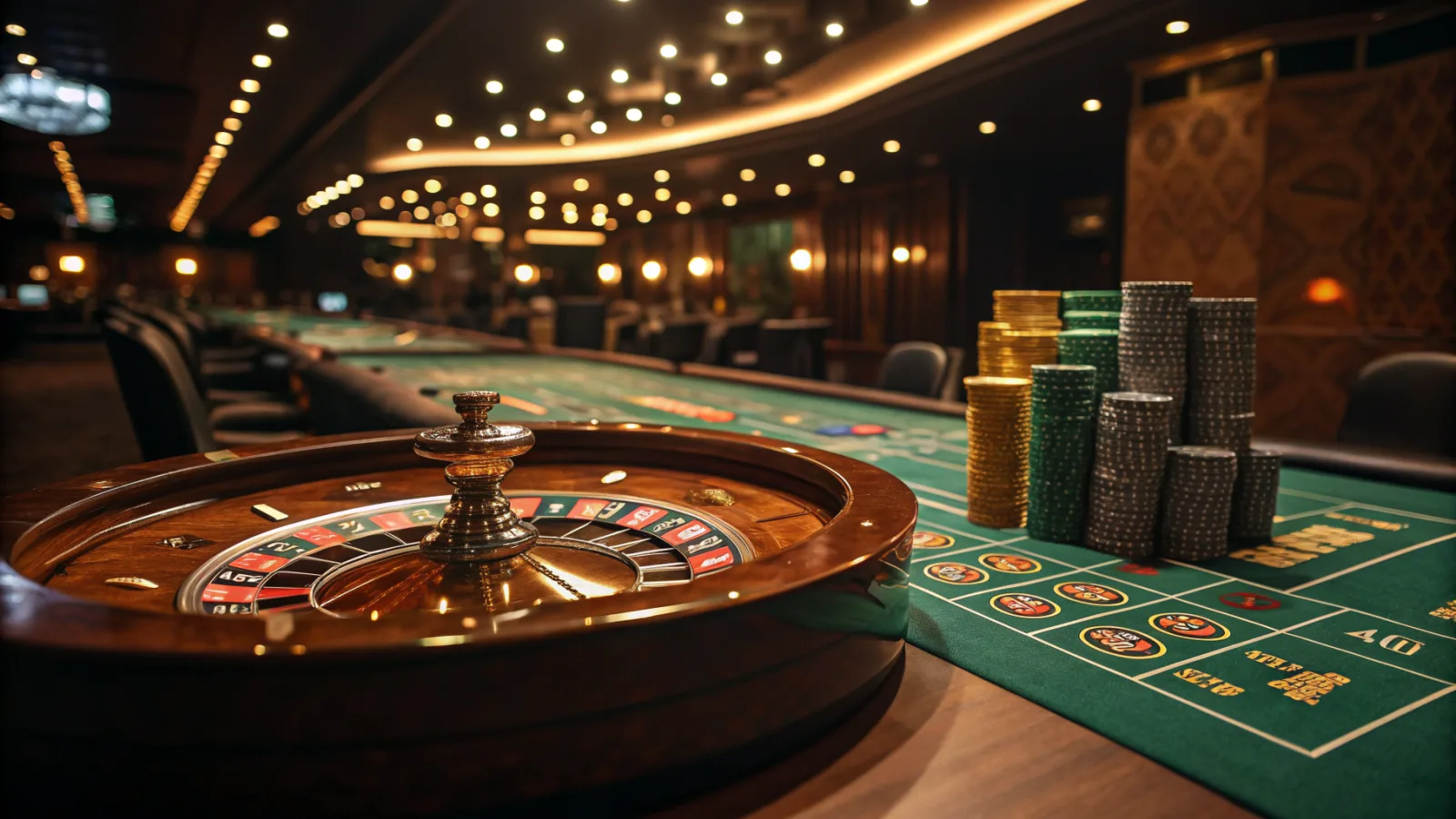 A roulette wheel and stacked casino chips on a green felt table