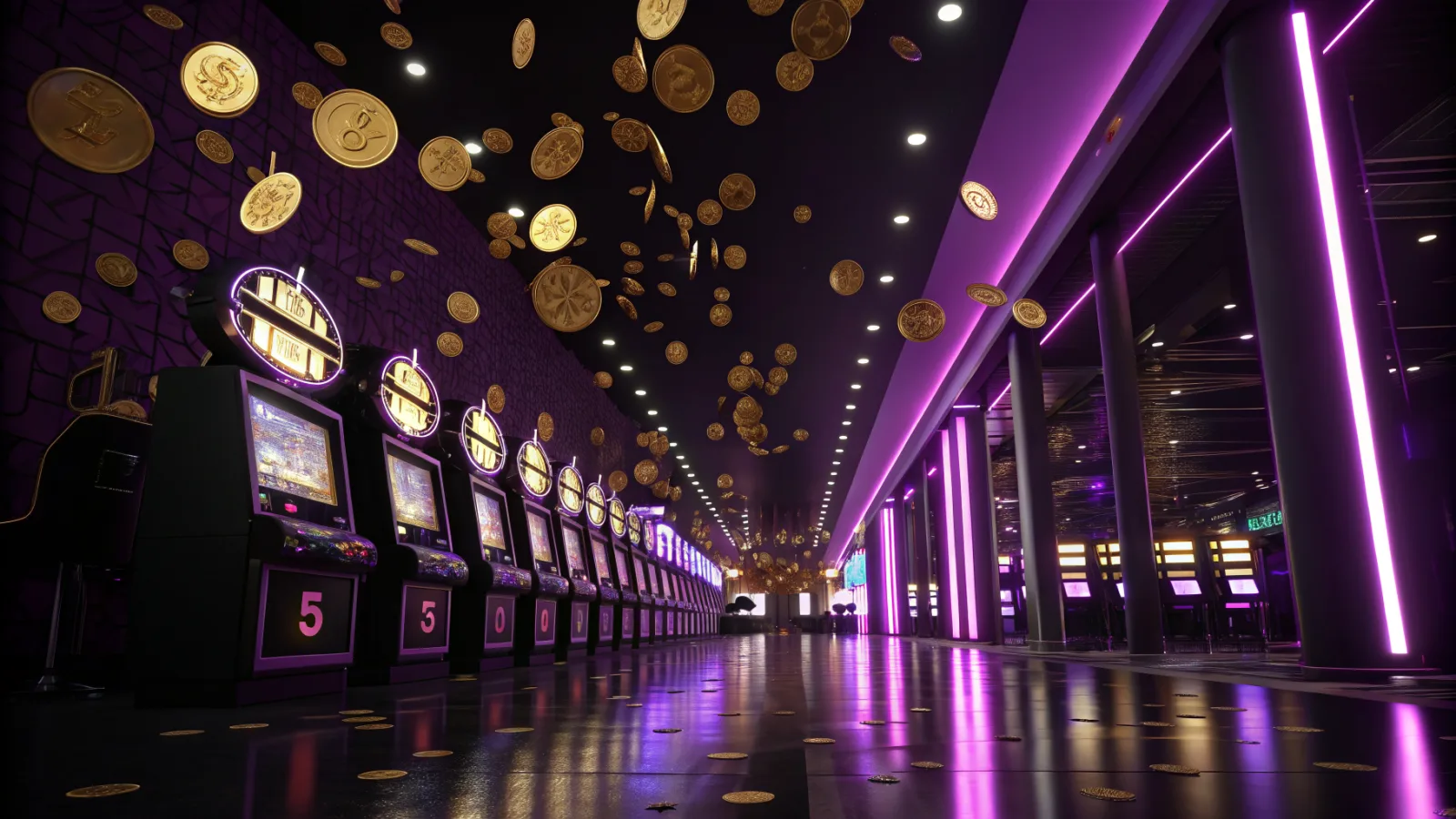 Gold coins falling through purple and magenta neon light in a dark casino hall