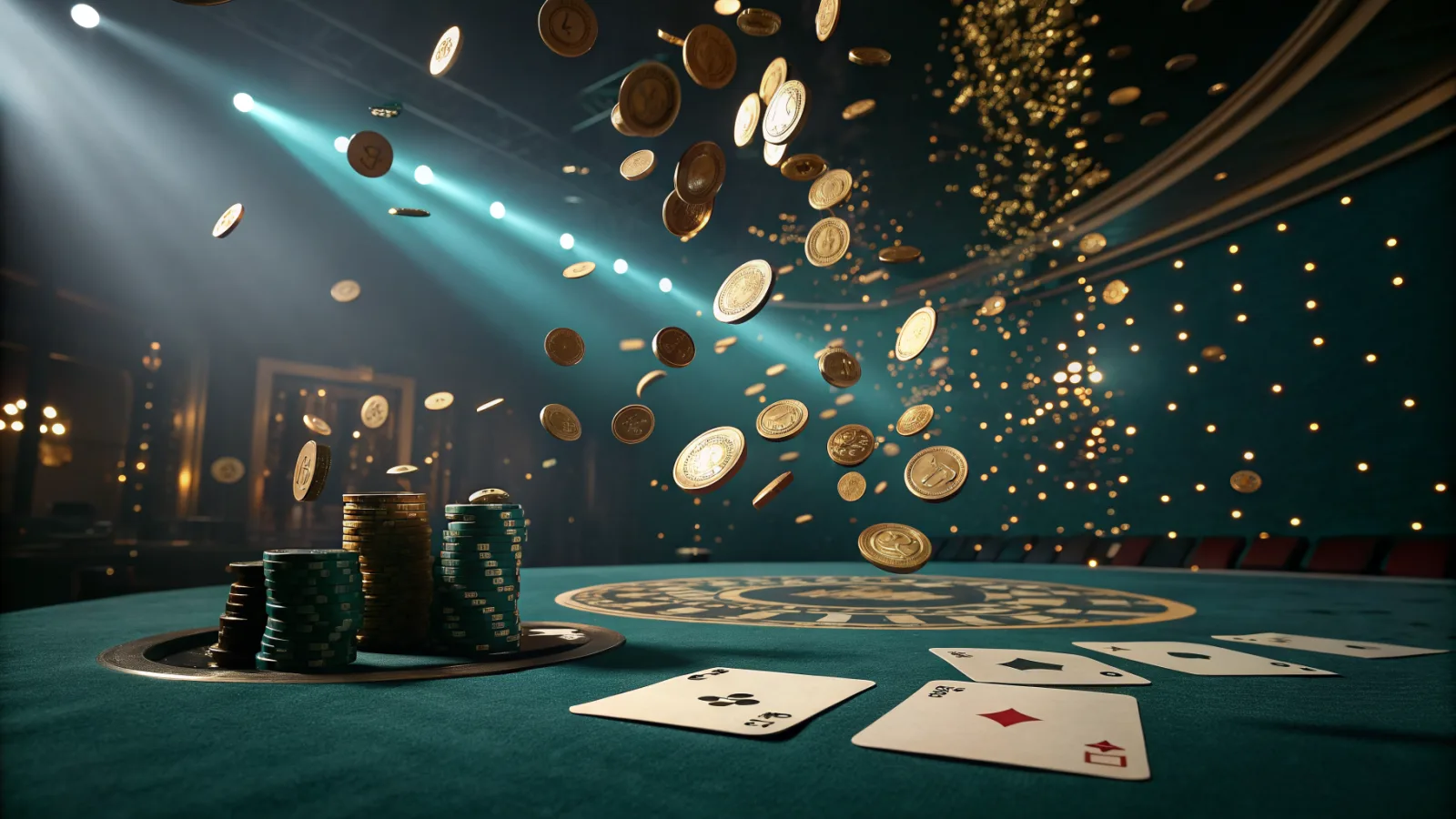 A shower of gold coins falling through teal and gold light over a dark casino table