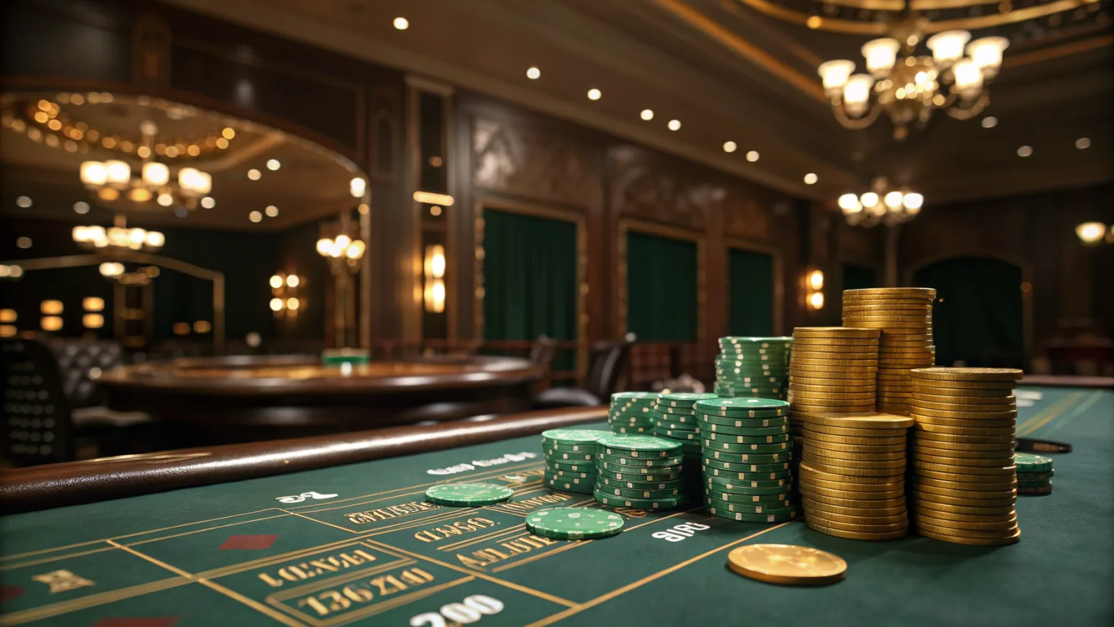 An emerald green and gold luxury casino interior with stacked gold coins and green chips