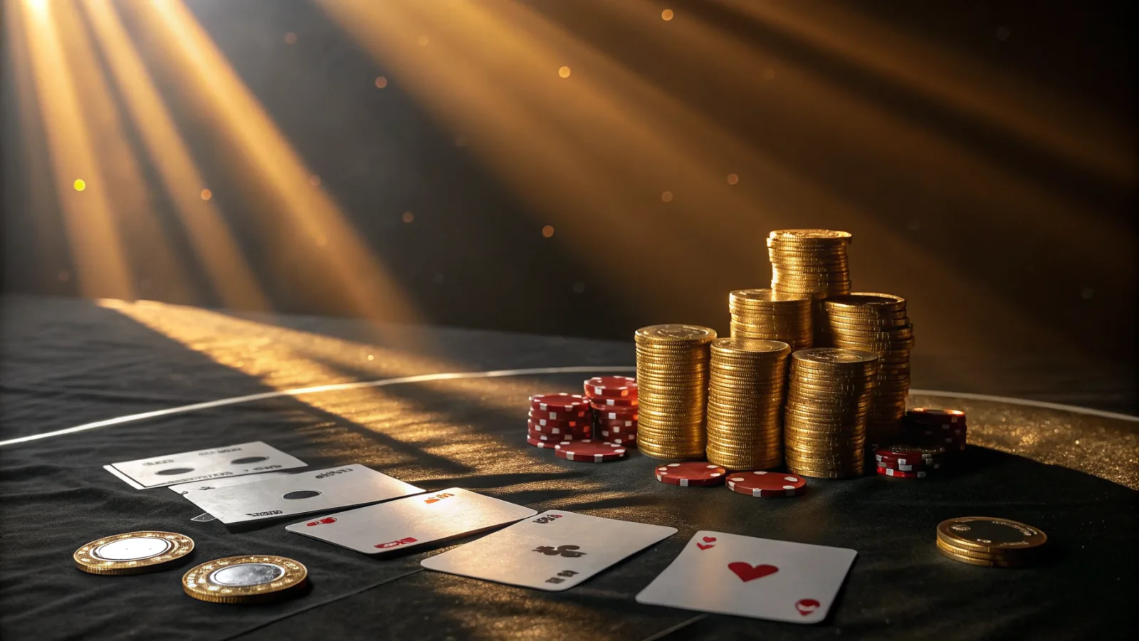 A pile of gold coins and playing cards on a black table under warm amber light beams