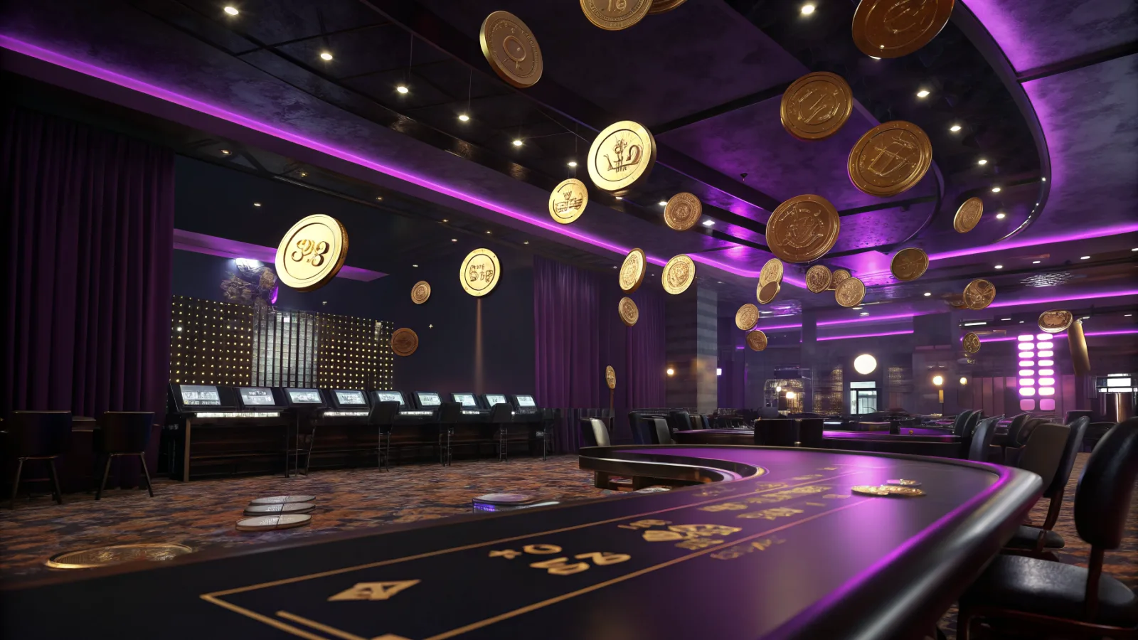A violet neon-lit casino lounge with gold coins floating in the air