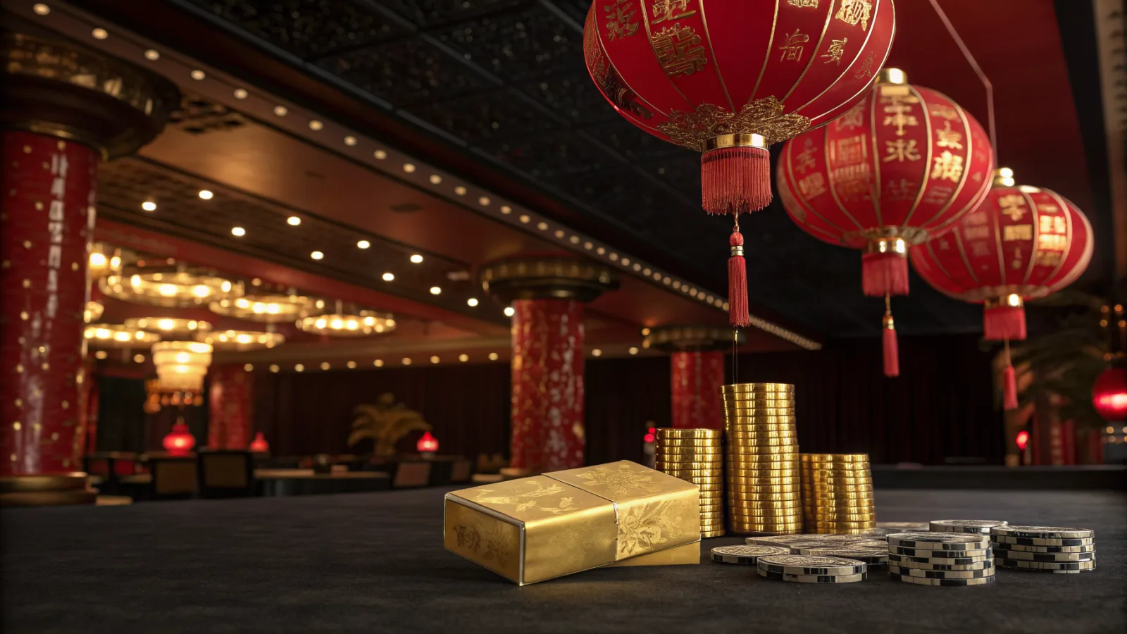 Red lanterns, a gold ingot and casino chips in a warm red and gold hall