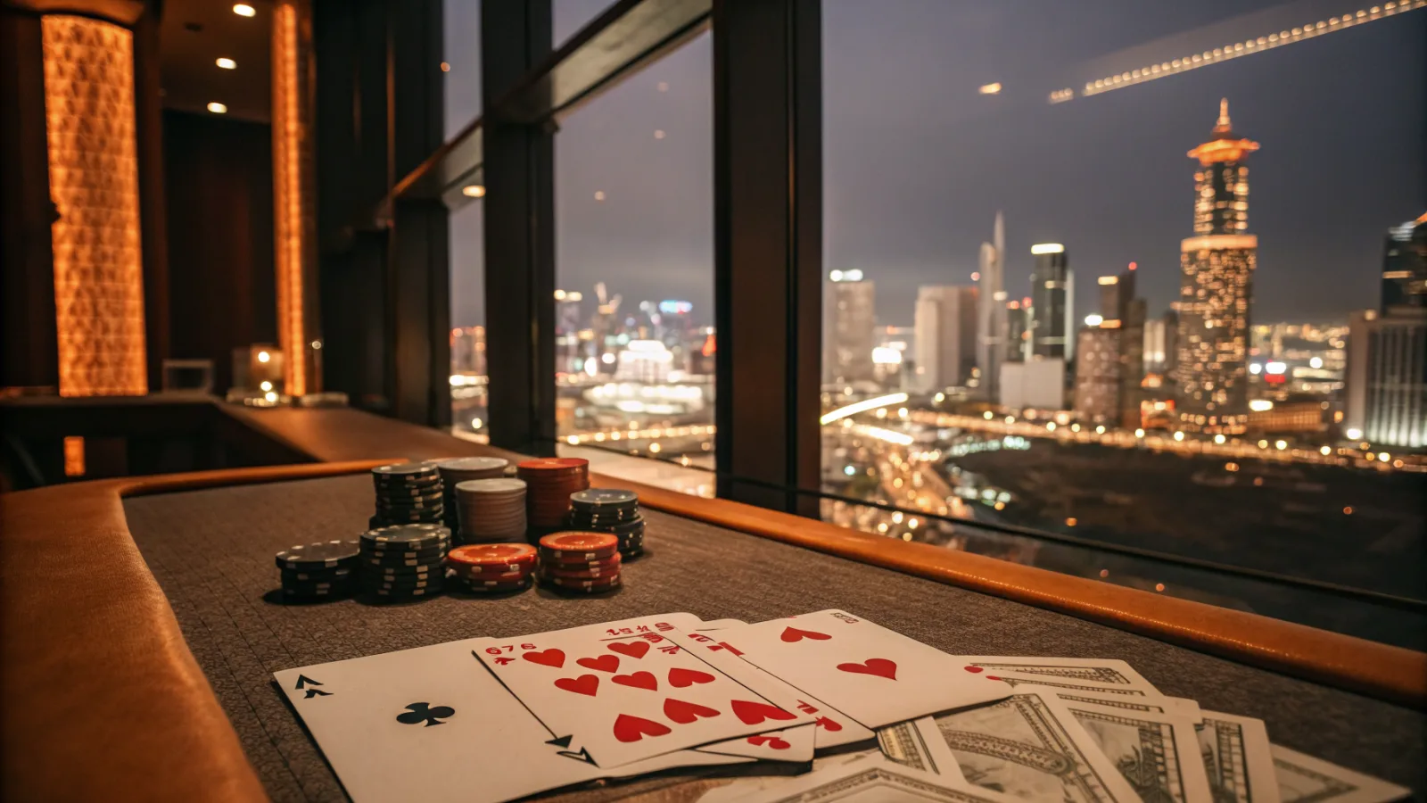 Playing cards and chips on a table by a window overlooking a city skyline at night