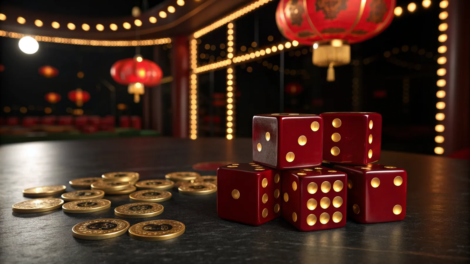 Red dice, gold coins and festive lanterns on a dark casino table