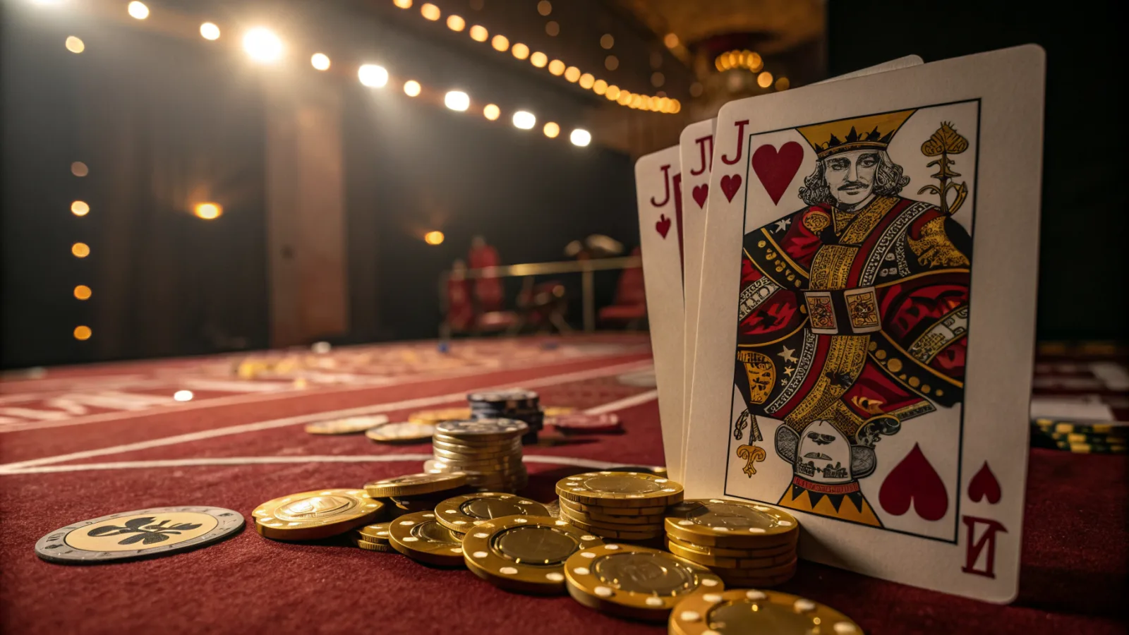 A joker playing card among scattered cards and gold poker chips