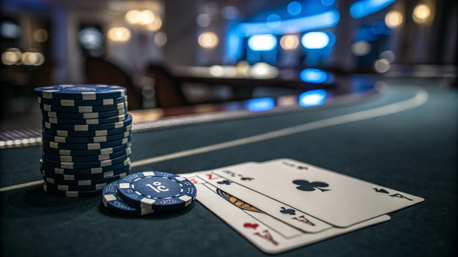 Stacked navy poker chips and playing cards on a dark casino table under cool blue light
