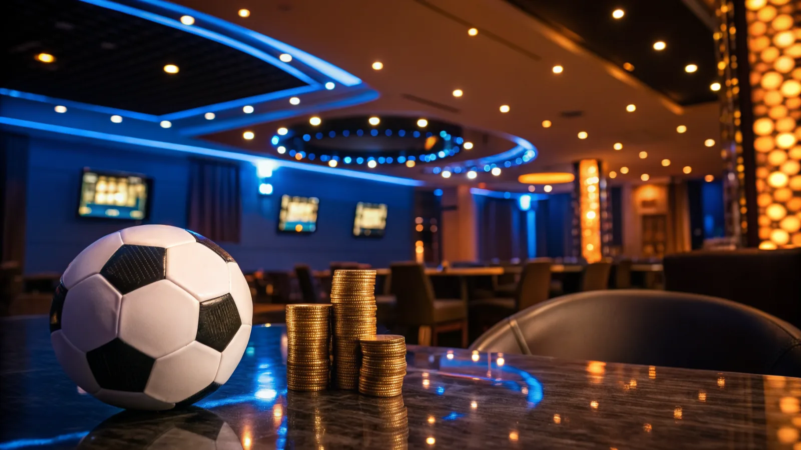 A blue and orange lit lounge with gold coins and a soccer ball on a glossy table