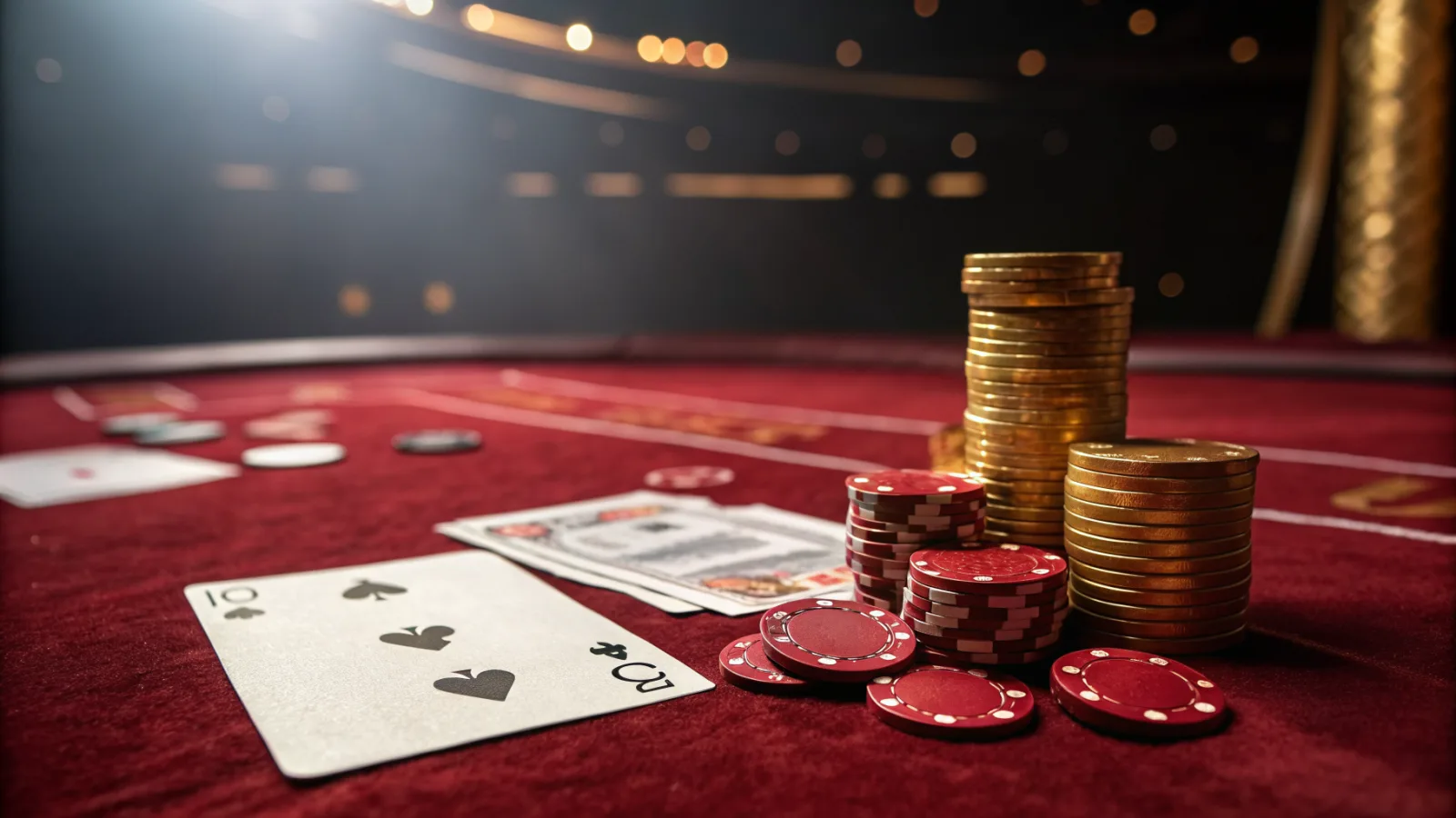 A crimson velvet casino table with stacked gold coins, red chips and playing cards
