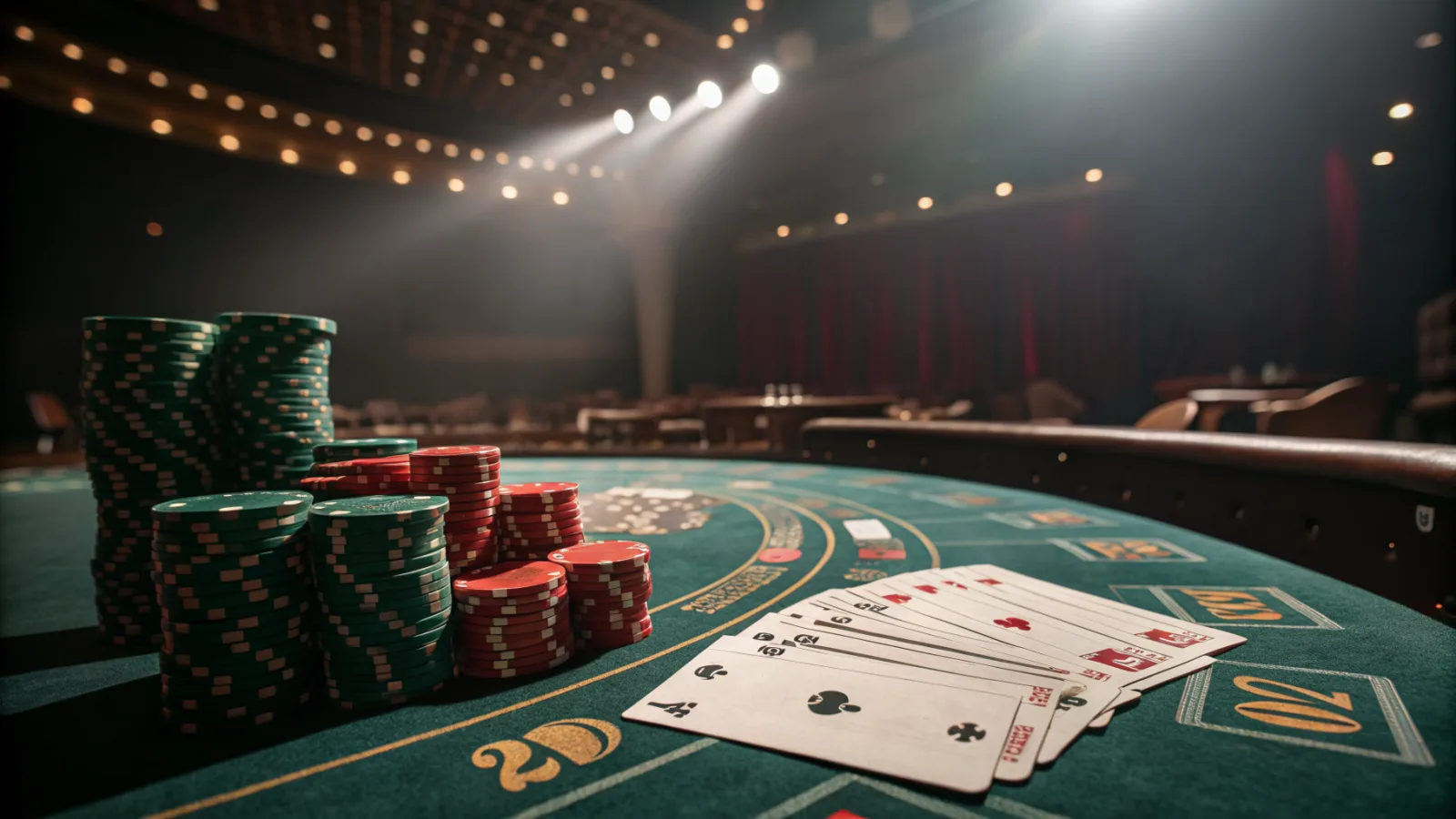 Fanned playing cards and stacks of green and red poker chips on a green table