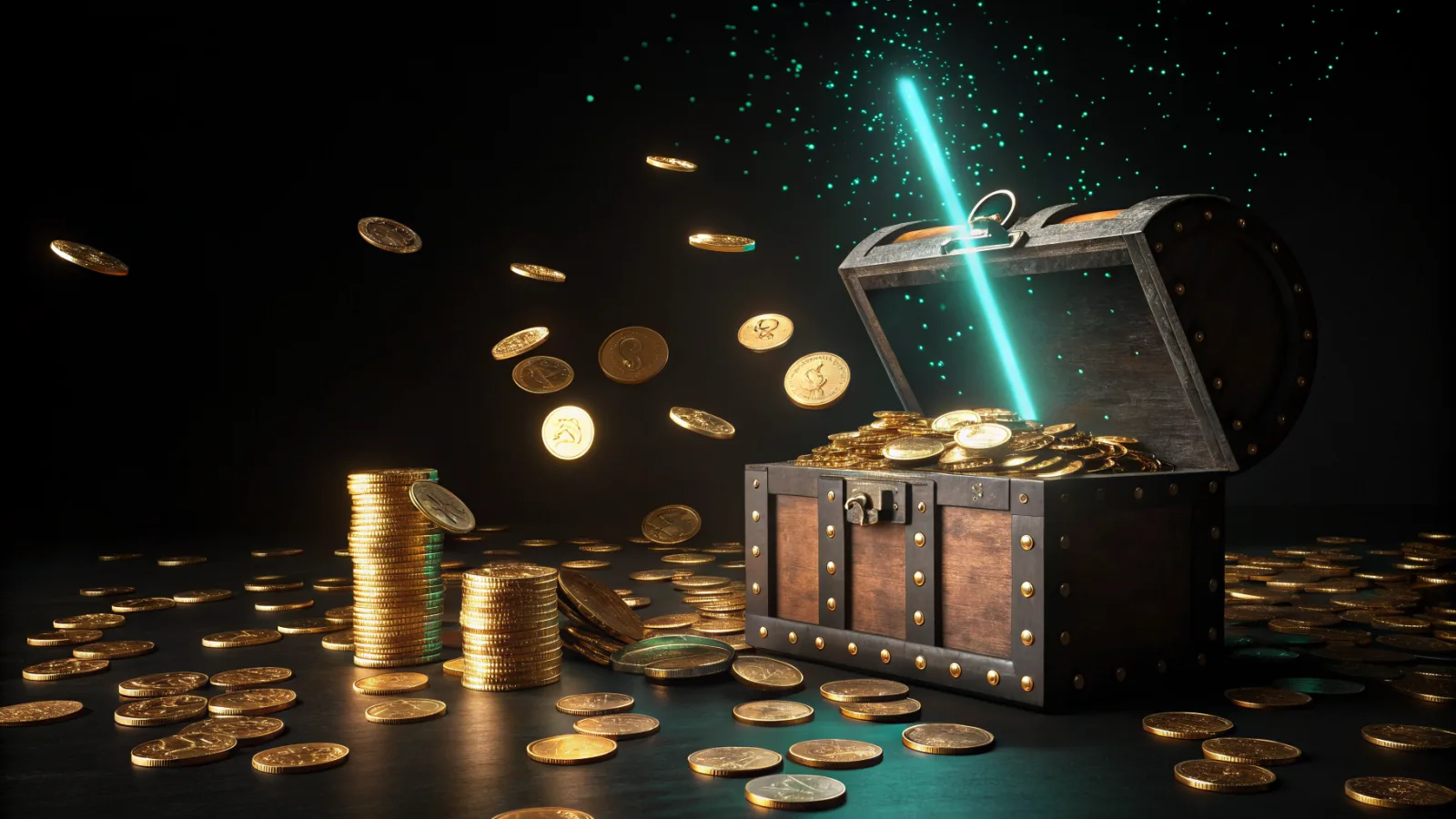 A treasure chest overflowing with gold coins under a cyan light